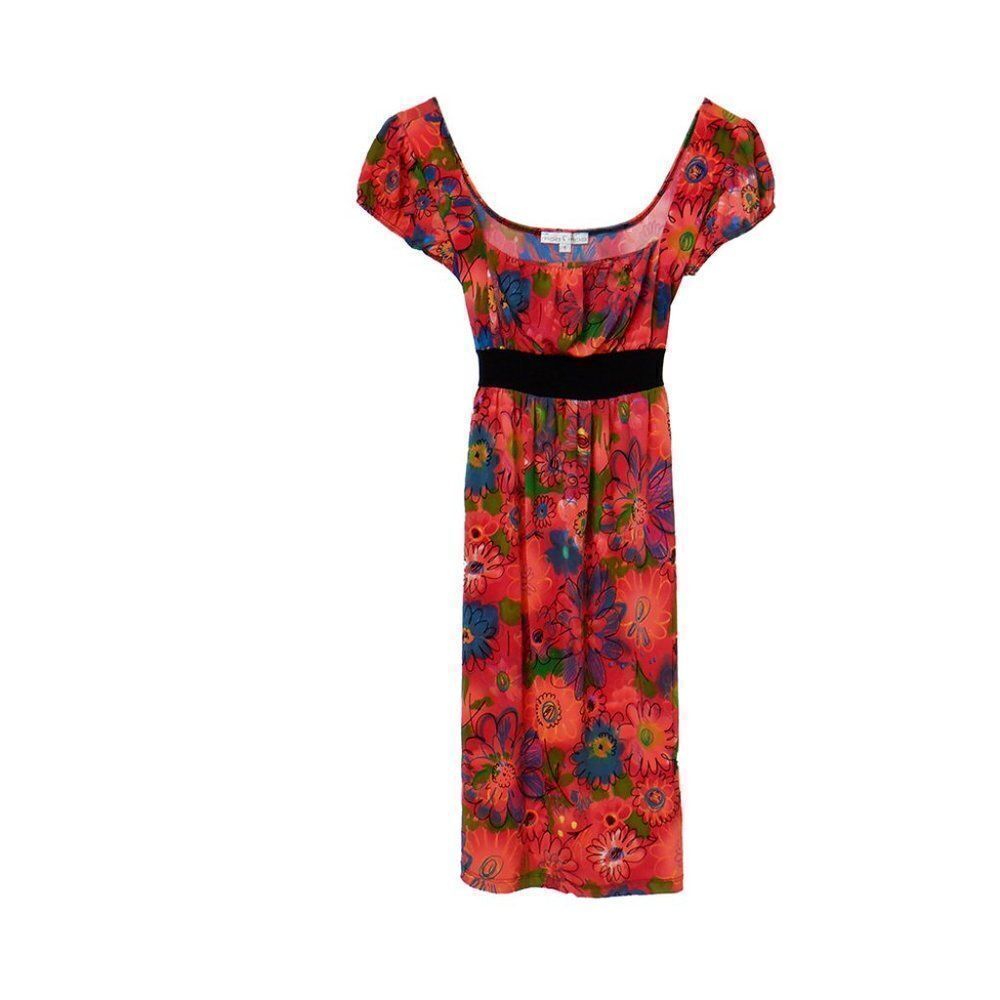 Junior Bright orange pink floral short sleeve dress